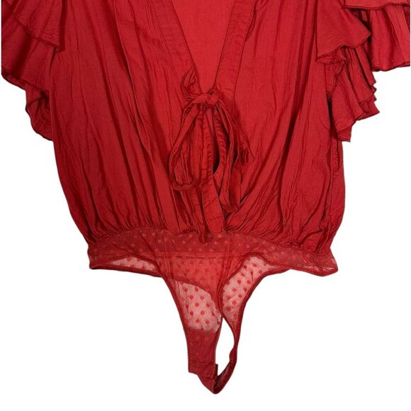 Free People Call Me Later Ruffled Thong Bodysuit Tiered Boho Fairy Rust Red sz S - Picture 9 of 10